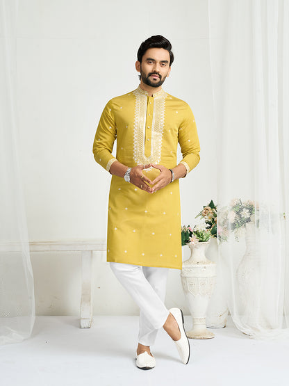 Yellow Roman Silk Embroidery work Men's Kurta