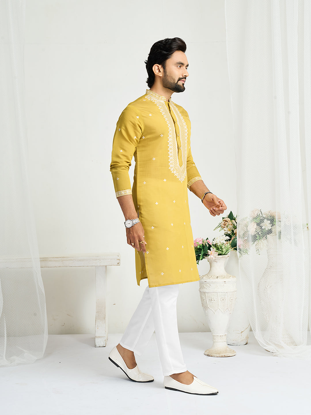 Yellow Roman Silk Embroidery work Men's Kurta