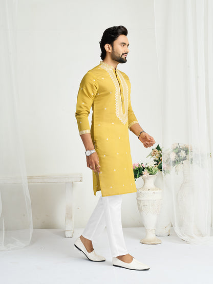Yellow Roman Silk Embroidery work Men's Kurta