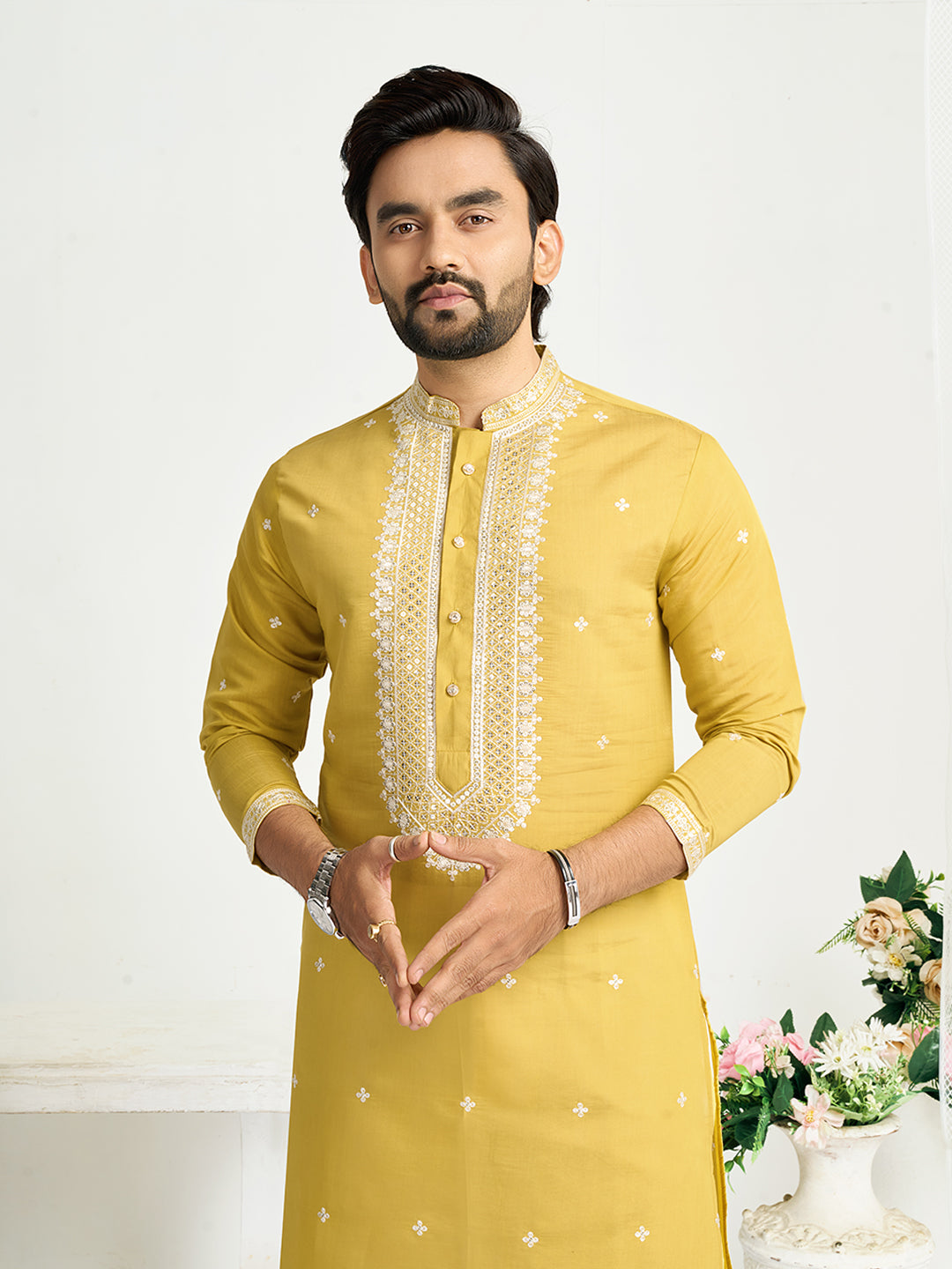 Yellow Roman Silk Embroidery work Men's Kurta