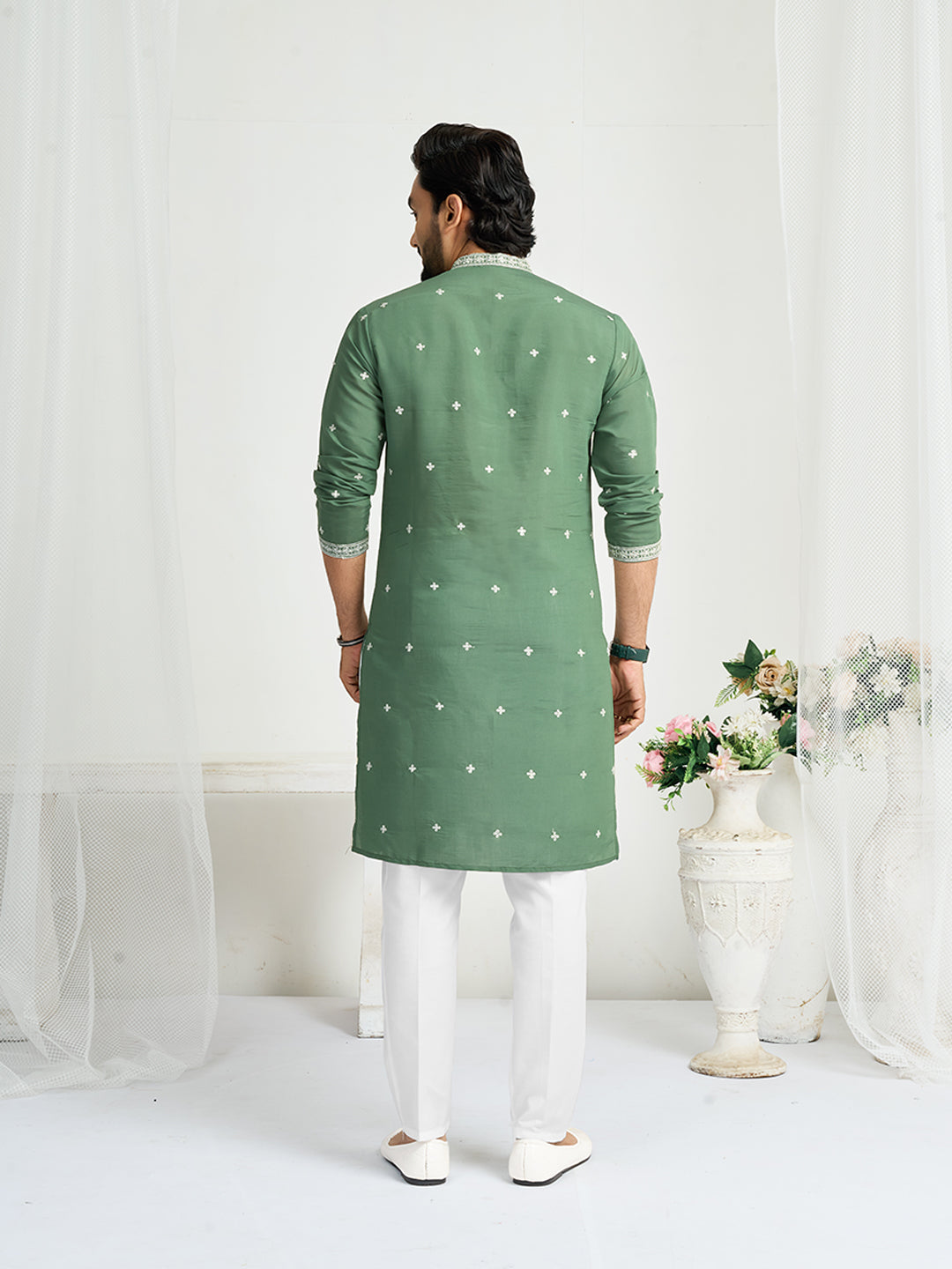 Green Roman Silk Embroidery work Men's Kurta