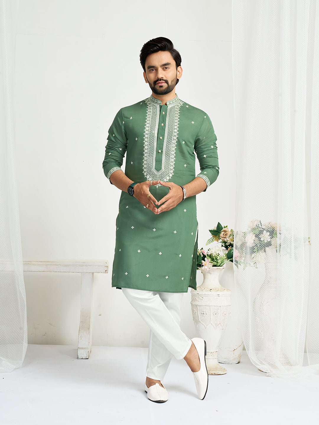 Green Roman Silk Embroidery work Men's Kurta