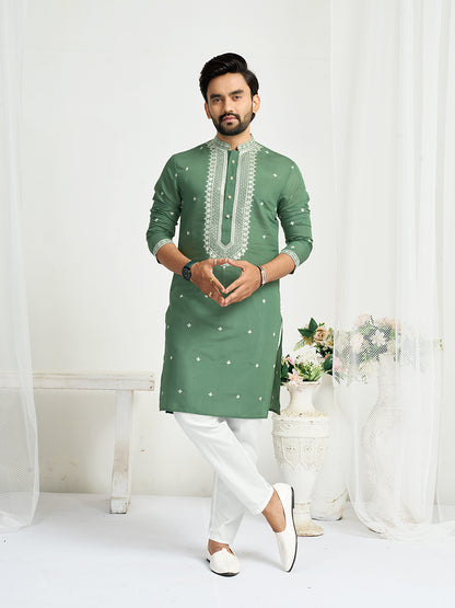 Green Roman Silk Embroidery work Men's Kurta