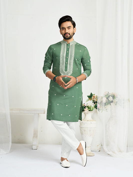 Green Roman Silk Embroidery work Men's Kurta