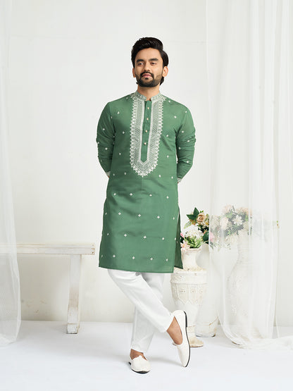 Green Roman Silk Embroidery work Men's Kurta
