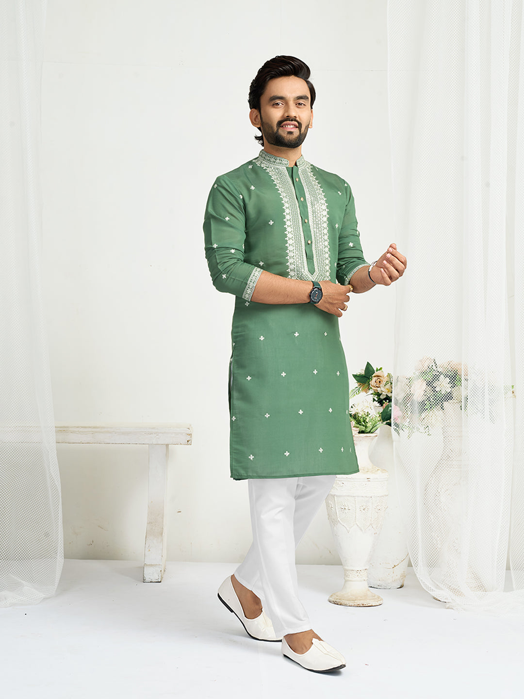 Green Roman Silk Embroidery work Men's Kurta