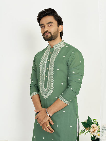 Green Roman Silk Embroidery work Men's Kurta
