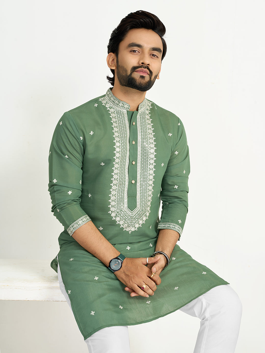 Green Roman Silk Embroidery work Men's Kurta