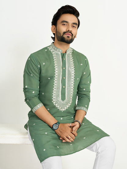 Green Roman Silk Embroidery work Men's Kurta