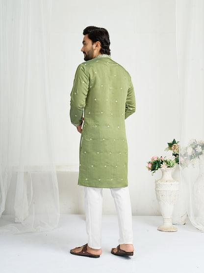 Pista Green Roman Silk Embroidery work Men's Kurta
