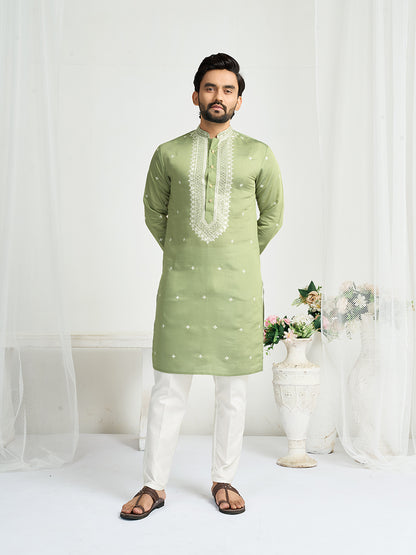 Pista Green Roman Silk Embroidery work Men's Kurta