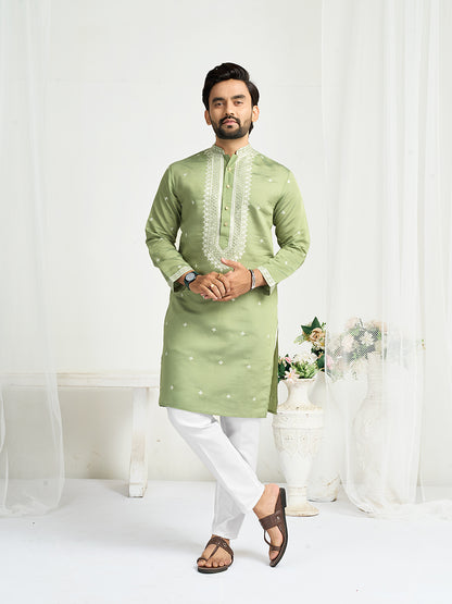 Pista Green Roman Silk Embroidery work Men's Kurta