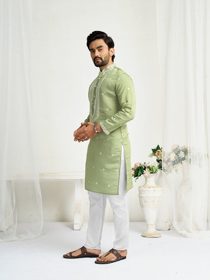 Pista Green Roman Silk Embroidery work Men's Kurta