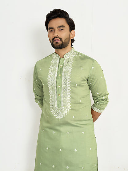 Pista Green Roman Silk Embroidery work Men's Kurta