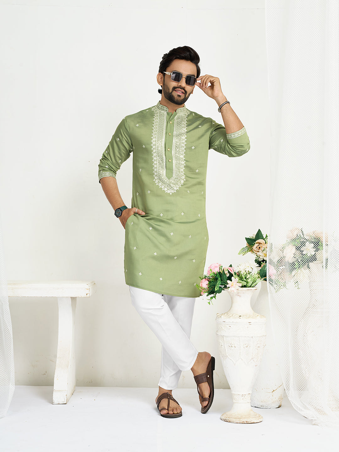 Pista Green Roman Silk Embroidery work Men's Kurta