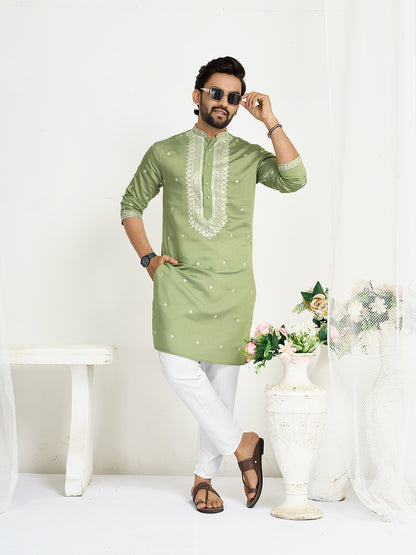 Pista Green Roman Silk Embroidery work Men's Kurta
