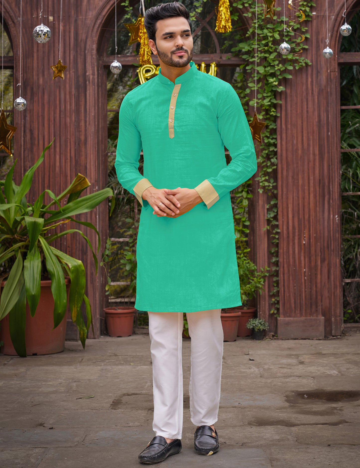 Bright Teal Blue Silk Couple Wear Saree with Kurta