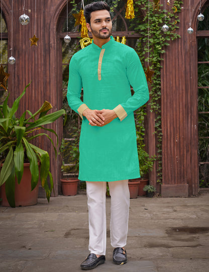 Bright Teal Blue Silk Couple Wear Saree with Kurta