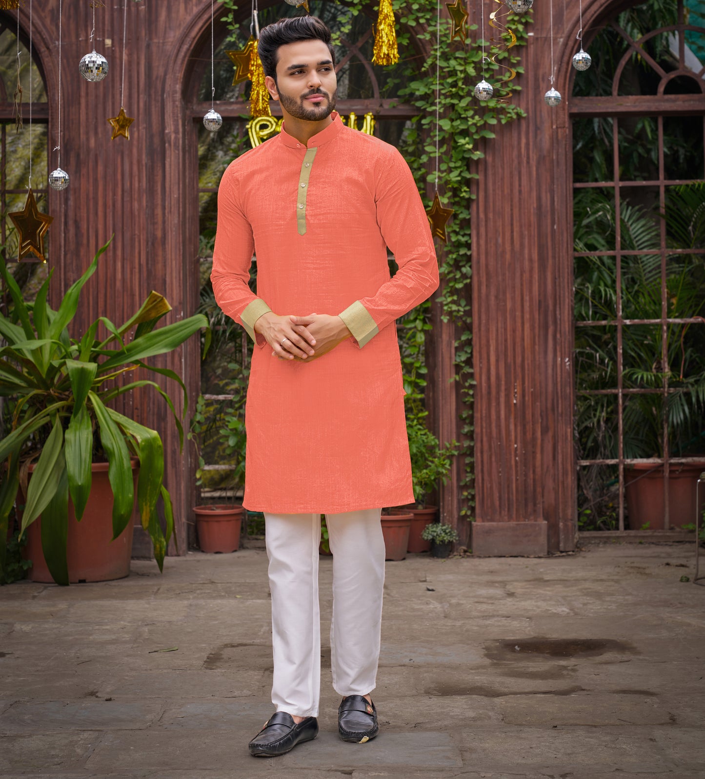 Peach Silk Couple Wear Saree with Kurta