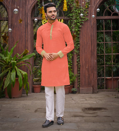 Peach Silk Couple Wear Saree with Kurta