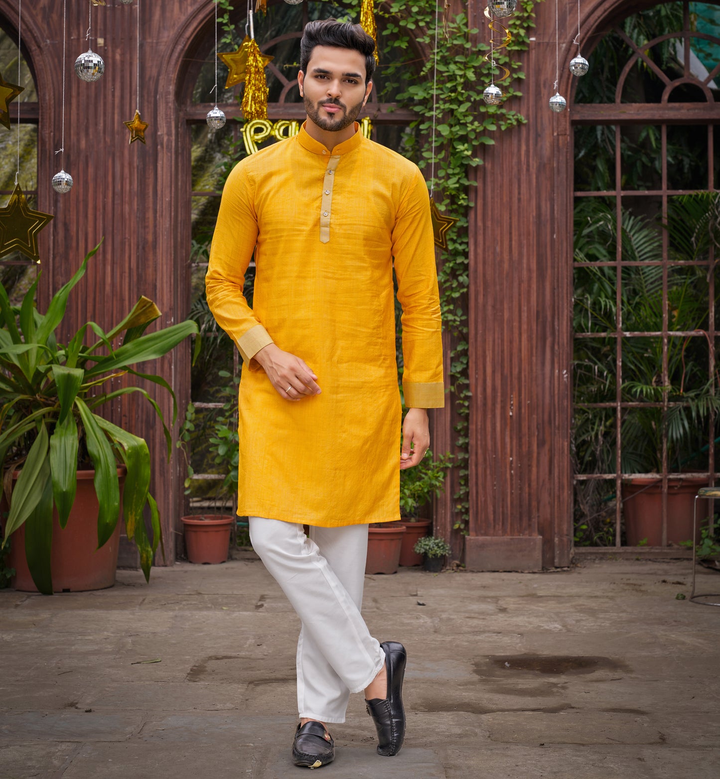 Yellow Silk Couple Wear Saree with Kurta