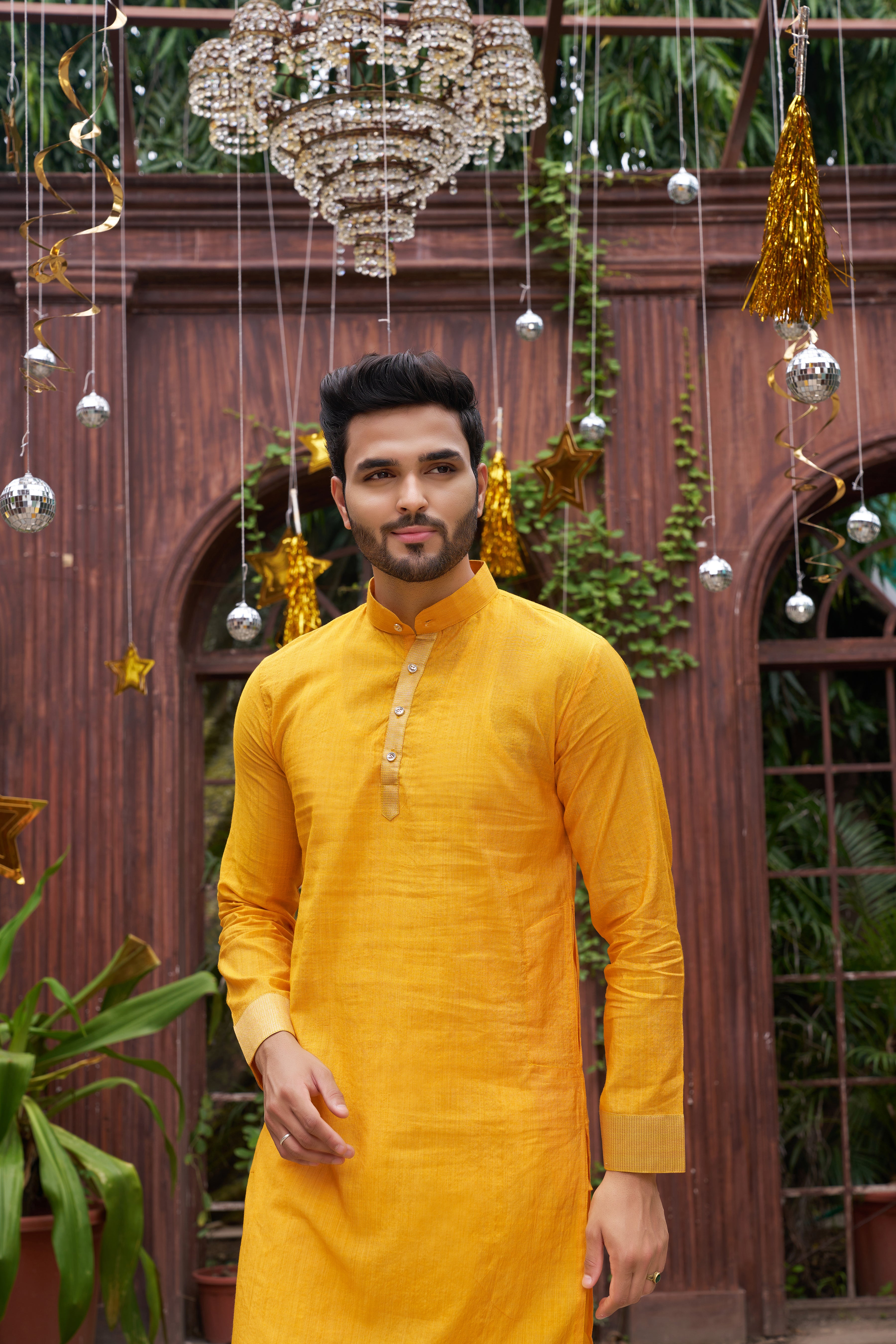 Yellow Silk Couple Wear Saree with Kurta
