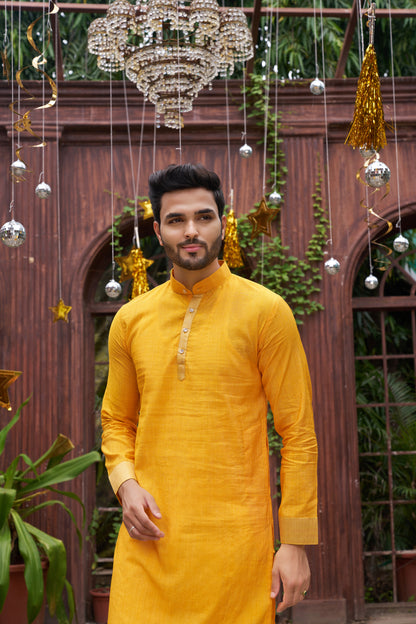 Yellow Silk Couple Wear Saree with Kurta