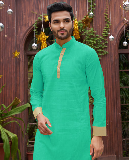 Bright Teal Blue Silk Couple Wear Saree with Kurta