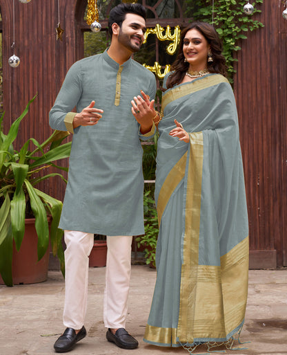 Grey Silk Couple Wear Saree with Kurta