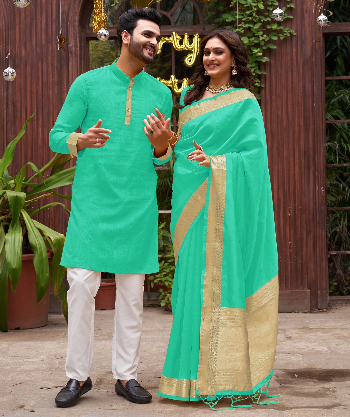 Bright Teal Blue Silk Couple Wear Saree with Kurta