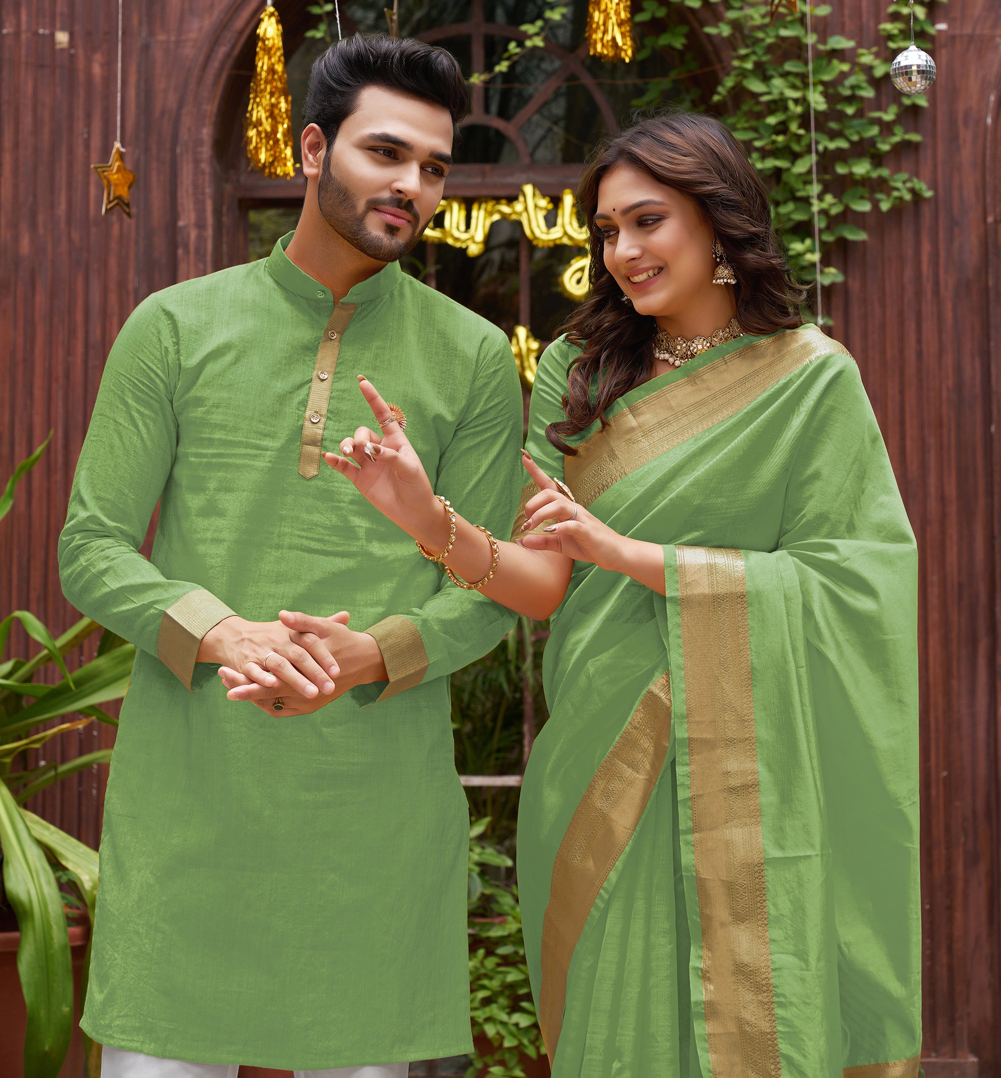 green saree matching groom dress Indian Boy and Girl Green Dress