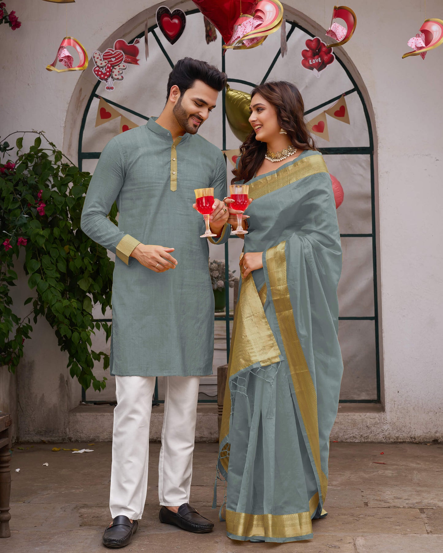 Grey Silk Couple Wear Saree with Kurta