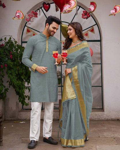 Grey Silk Couple Wear Saree with Kurta