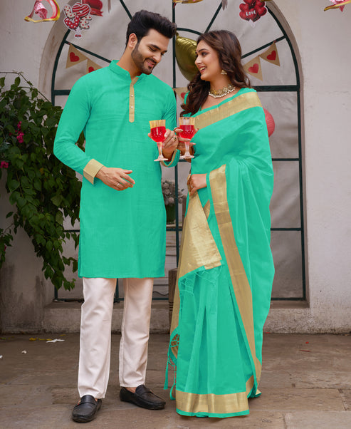 Bright Teal Blue Silk Couple Wear Saree with Kurta