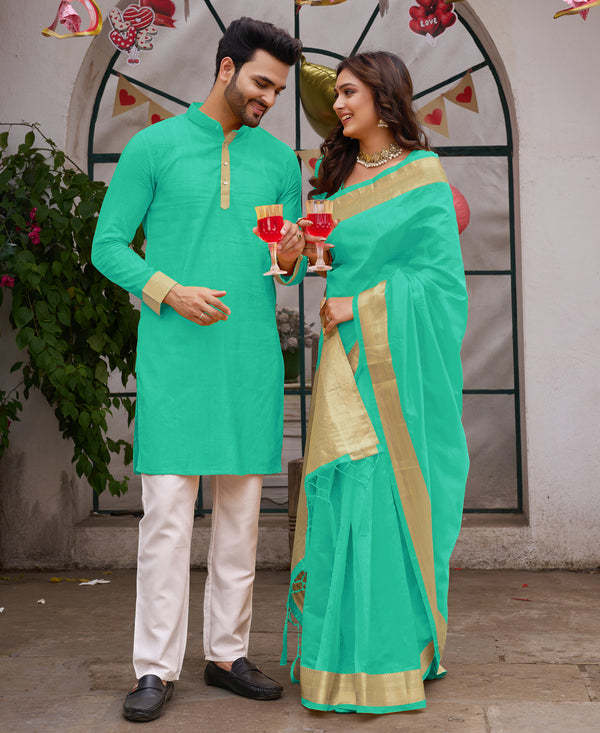 Bright Teal Blue Silk Couple Wear Saree with Kurta
