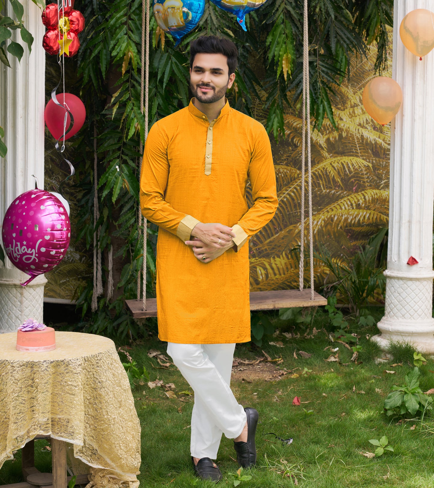 Hunnybunny Yellow Silk Couple Wear Saree with Kurta