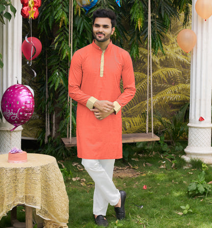 Hunnybunny Peach Silk Couple Wear Saree with Kurta