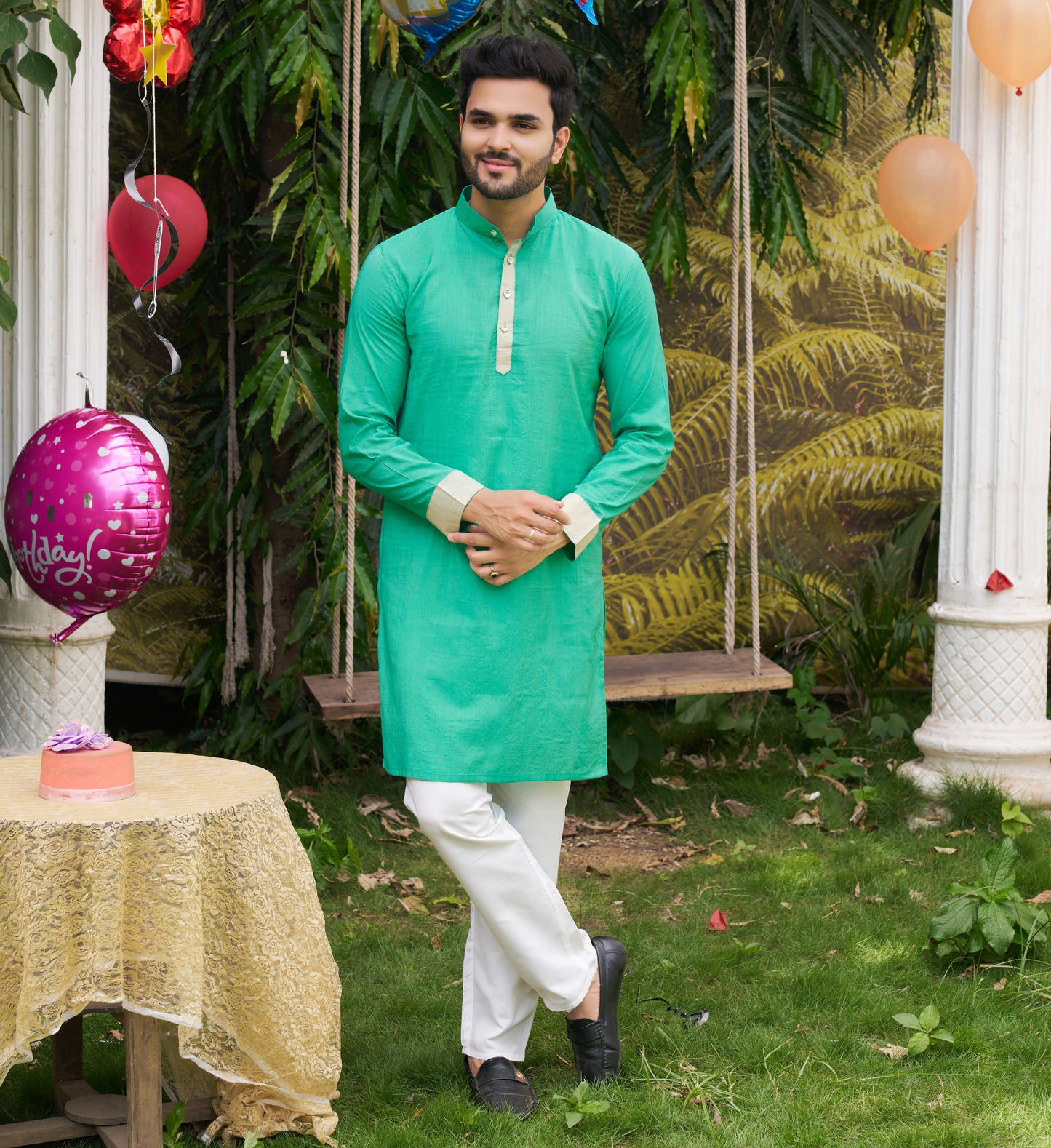 Hunnybunny Teal Blue Silk Couple Wear Saree with Kurta