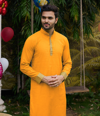 Hunnybunny Yellow Silk Couple Wear Saree with Kurta