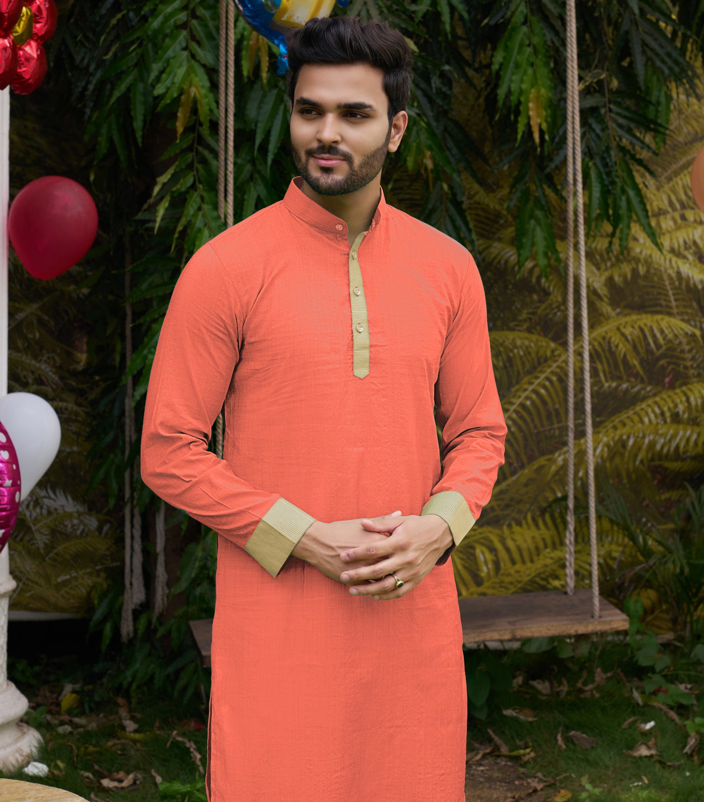 Hunnybunny Peach Silk Couple Wear Saree with Kurta