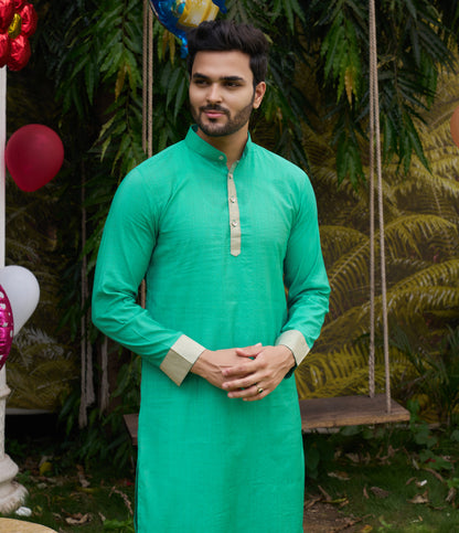 Hunnybunny Teal Blue Silk Couple Wear Saree with Kurta