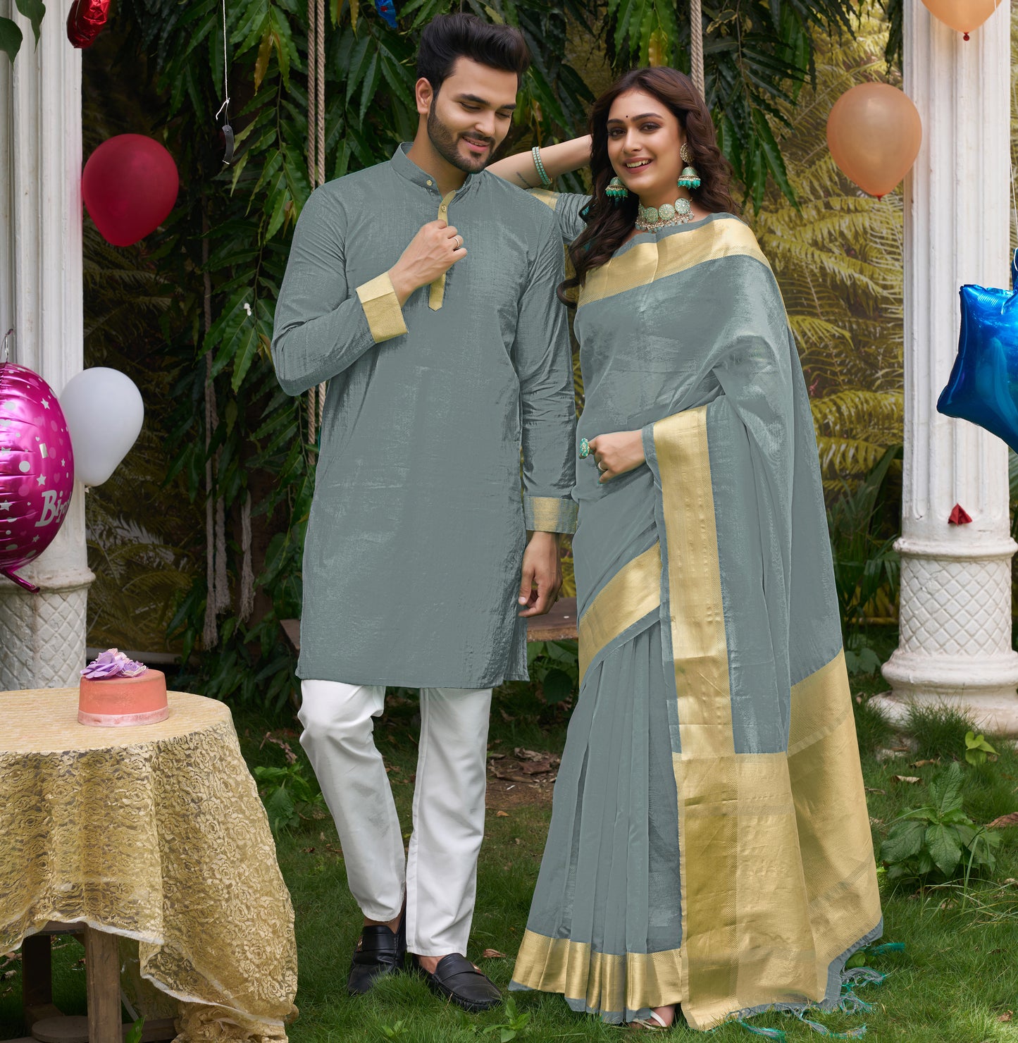 Hunnybunny Grey Silk Couple Wear Saree with Kurta
