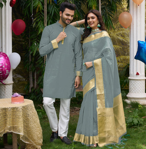 Hunnybunny Grey Silk Couple Wear Saree with Kurta