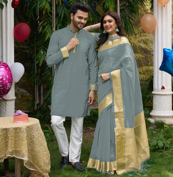 Hunnybunny Grey Silk Couple Wear Saree with Kurta