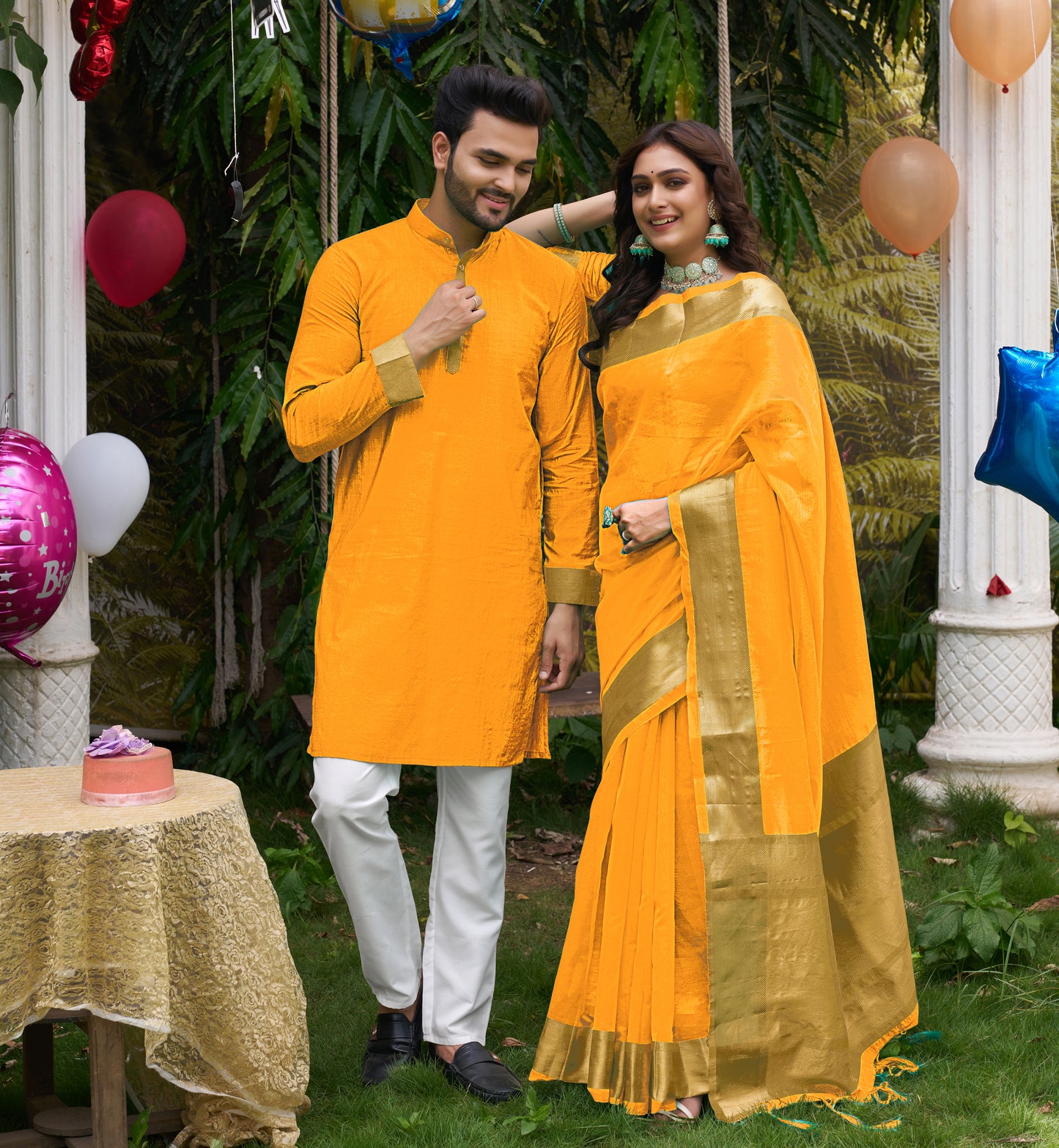 Hunnybunny Yellow Silk Couple Wear Saree with Kurta