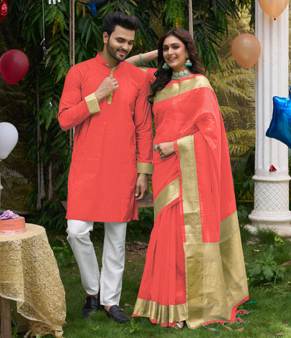 Hunnybunny Pink Silk Couple Wear Saree with Kurta