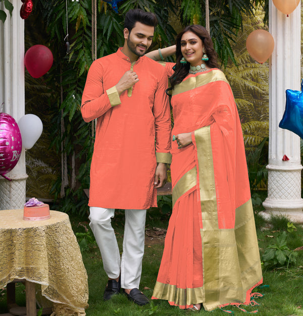 Hunnybunny Peach Silk Couple Wear Saree with Kurta