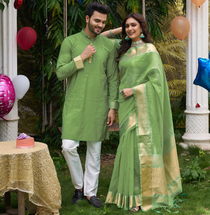 Hunnybunny Mehndi Green Silk Couple Wear Saree with Kurta