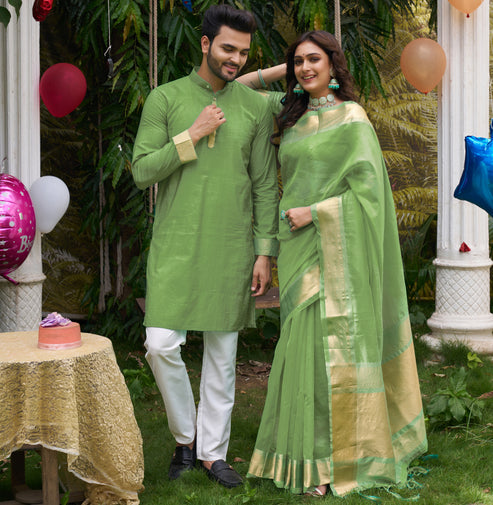 Hunnybunny Mehndi Green Silk Couple Wear Saree with Kurta