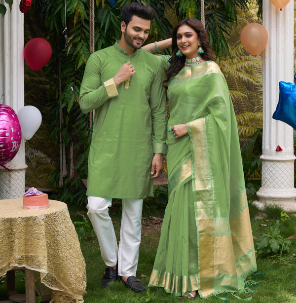 Hunnybunny Mehndi Green Silk Couple Wear Saree with Kurta